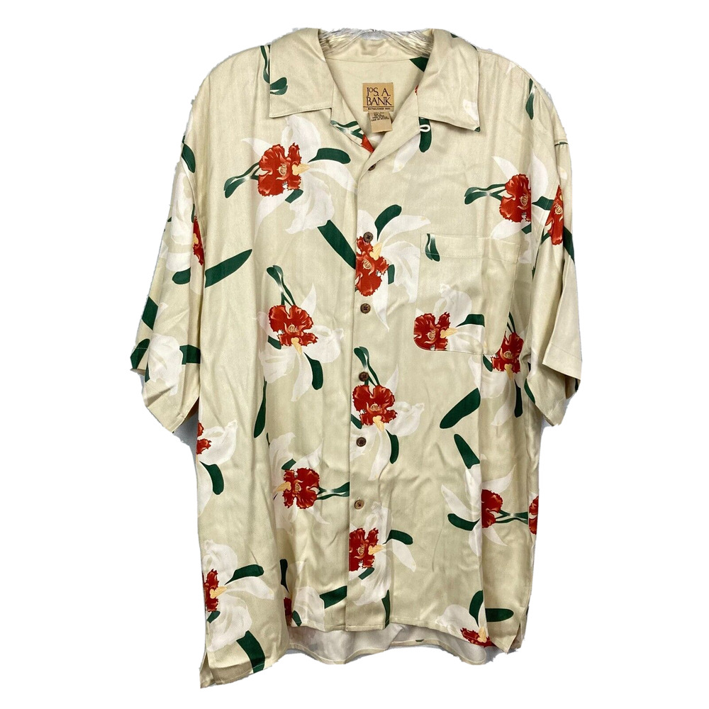 Jos.‎ A. Bank Shirt Mens Sz L Beige Red Tropical Hawaiian Floral Silk Button Up